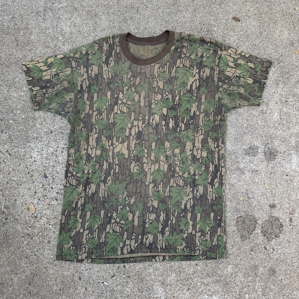 Vintage Camo Pocket Tee Shirt Bark Pattern Single Stitch Medium Faded 90s